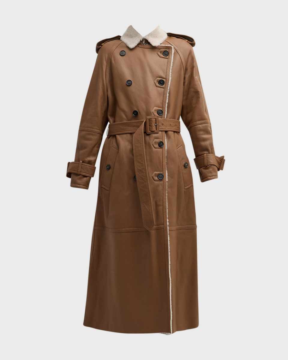 Stella Belted Leather Trench Coat with Shearling Lining